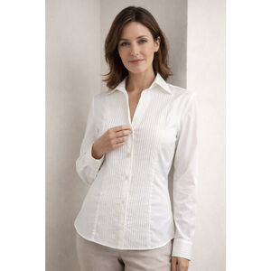 J Peterman Size 4 Pintuck Button Down Blouse Back Tie White Tailored Career